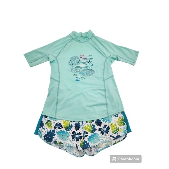 REI Co Op Short Sleeve Rash Guard Top Board Shorts Set Girl's Size 16/18